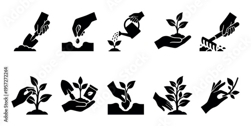A collection of black silhouette icons illustrates various stages of gardening, from planting seeds and watering to tending to young plants and harvesting.