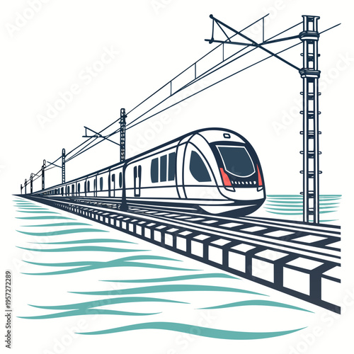 Vector illustration of a modern train traveling on tracks over water