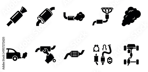 A collection of black icons depicting car exhaust system components, smoke emissions, and a hand with a wrench, symbolizing auto repair and maintenance.