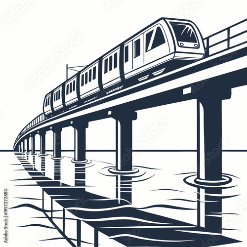 Fotografi Monorail train traveling on elevated tracks over water