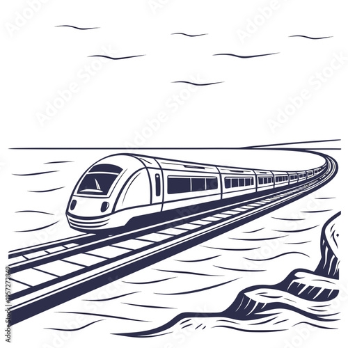 A sleek bullet train travels along a coastal railway track beside the ocean on a clear day