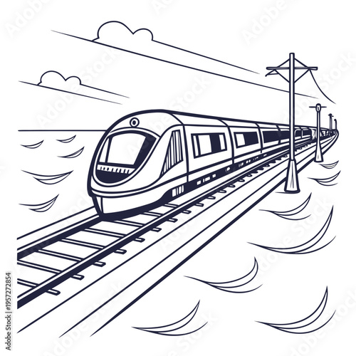 A sleek modern train travels along a railway track with overhead wires on a clear day with clouds in the background