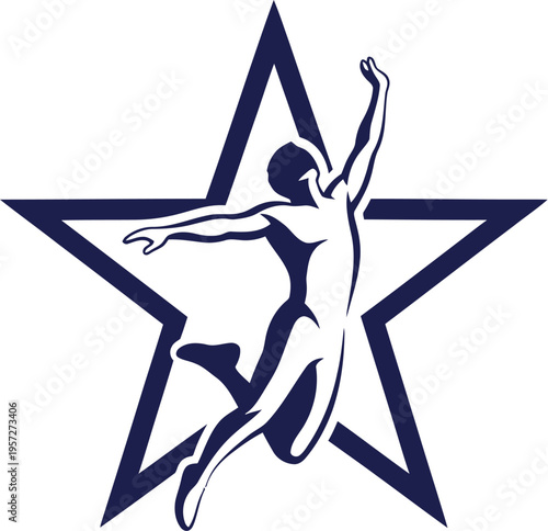 Dynamic silhouette of an athletic figure leaping triumphantly within the outline of a bold five-pointed star symbol