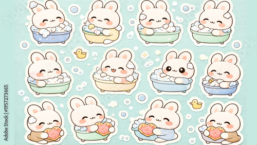 Adorable kawaii baby bunnies taking bubble baths in cute tubs with rubber ducky accents, perfect for nursery decor and kids' crafts