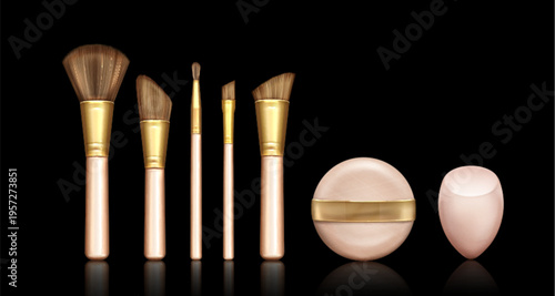 Makeup brush and sponge set isolated on black background. Vector realistic illustration of tools for professional cosmetics application, eye shadows, powder, blush, concealer, foundation brushes
