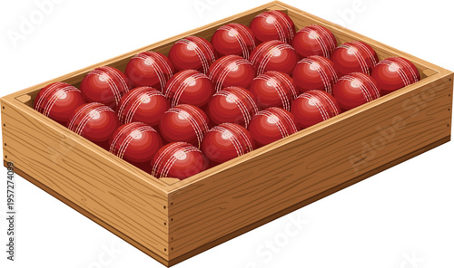 Wooden crate full of cricket balls illustration, sports equipment storage box with red leather balls vector design isolated