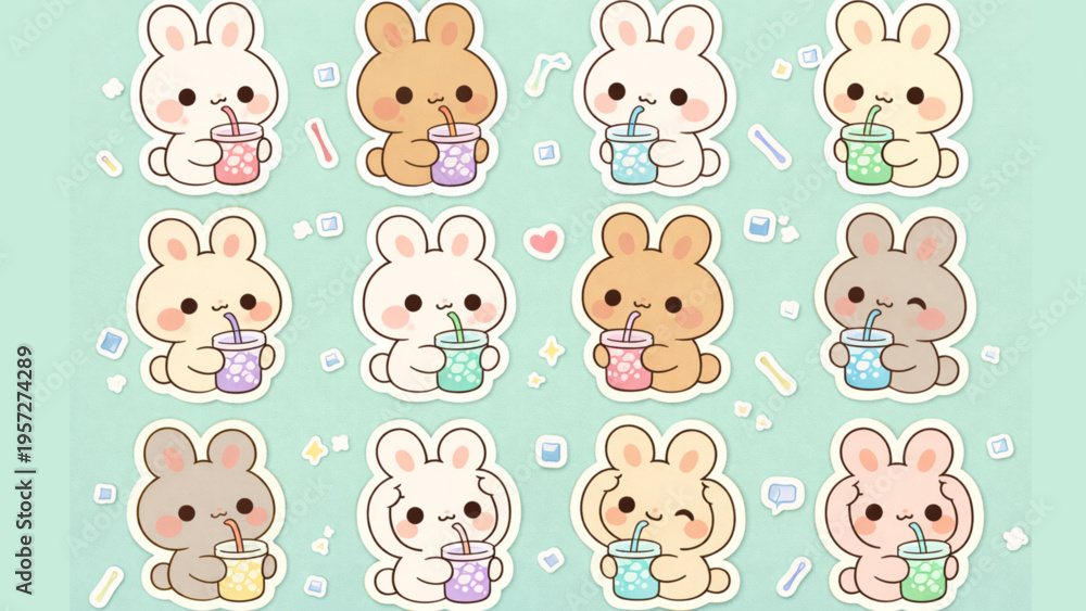 Fototapeta premium Adorable kawaii bunnies enjoying refreshing drinks, perfect for stickers and cute illustrations