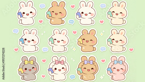 Adorable Kawaii Bunny Characters Communicating with Phones, a Delightful Collection of Cute Digital Stickers and Emojis for Messaging Apps