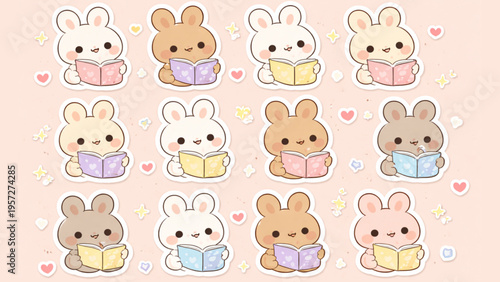 Delightful collection of adorable cartoon bunnies, each charming character immersed in the joy of reading colorful books, perfect for inspiring curiosity and learning in children's themes