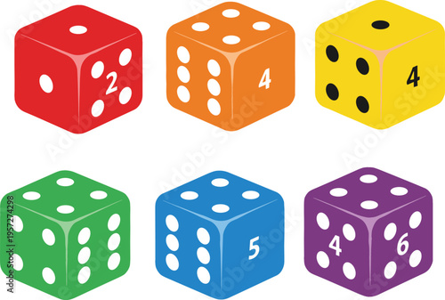 Colorful dice set with numbered cubes for board games and learning, playful gaming elements collection vector illustration