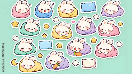 Adorable fluffy bunnies in cozy blankets, cute cartoon characters with sleepy expressions, perfect for nursery decor and sweet illustrations