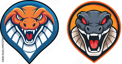 Vibrant cobra emblem illustrations showcasing an angry snake face in a round shape