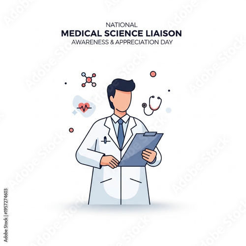 National Medical Science Liaison Awareness Day Vector Illustration, Professional Lab Coat Figure with Medical Icons