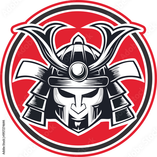 A bold illustration of a samurai helmet with a fierce design, enclosed within a circular frame