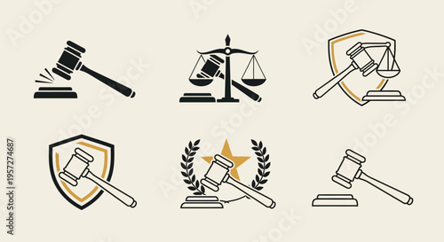 Law Icons Collection: Gavel, Scales of Justice, Shield, Laurel Wreath