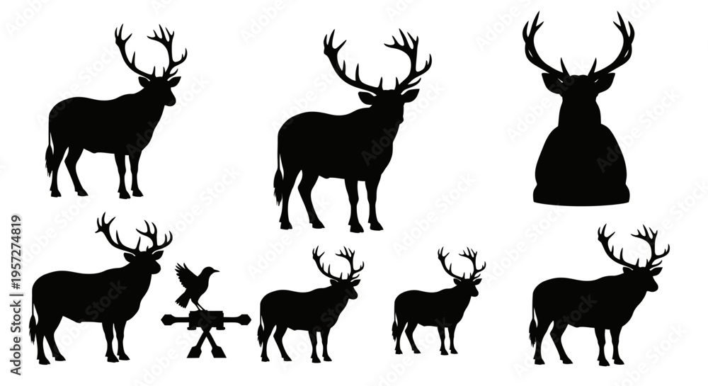 Fototapeta premium Deer Silhouette Collection: Majestic Stags and Forest Wildlife Icons