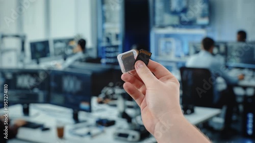Hand holding memory cards in office workspace