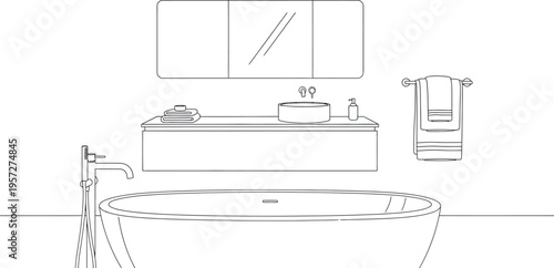 Clean line art illustration showcasing a modern minimalist bathroom interior featuring a stylish freestanding bathtub, a contemporary vanity with an elegant basin, and a wall-mounted mirror.
