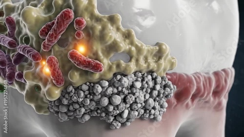 Dental plaque bacteria form a dense microbial biofilm matrix on a tooth enamel surface, revealing a complex community of cocci and bacilli embedded in polymeric polysaccharide substance.