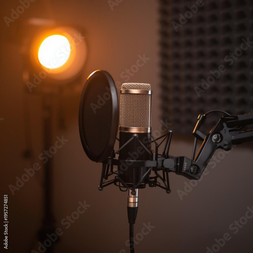 Podcast Microphone in Studio, Broadcast Media Concept