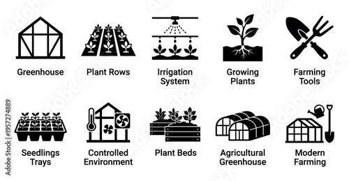 This set of black icons represents various aspects of modern agriculture, including greenhouses, irrigation, growing plants, and farming tools, suitable for design projects.