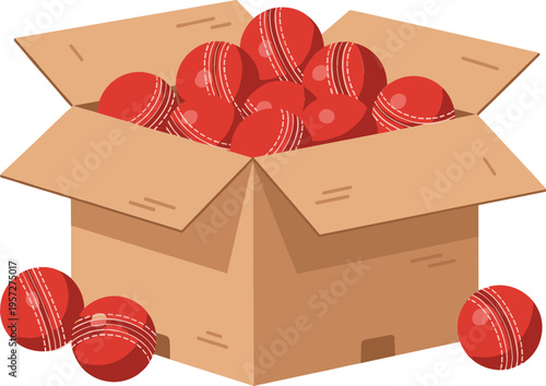 Cardboard box full of cricket balls illustration, sports equipment storage with red leather balls vector design isolated on background