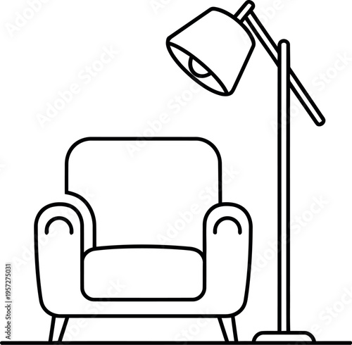 Minimalist line art illustration featuring a comfortable armchair paired with a stylish floor lamp, creating an inviting and modern lounge area for relaxation.