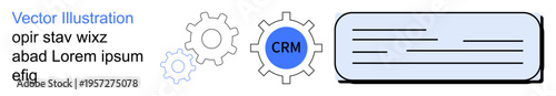 Business automation, customer service, data management, efficiency, organization, workflow visualization. Gear icons surrounding CRM text, rectangular text box. Business automation and customer