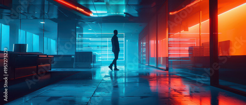 Empty modern office interior with cinematic neon lighting and dramatic shadows. Stylized workspace scene for technology, creative projects, movie still backgrounds, and atmospheric design concepts.