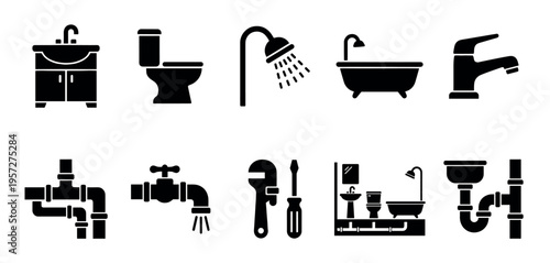 A collection of black silhouette icons depicting essential bathroom fixtures like sinks, toilets, bathtubs, showers, and faucets, alongside plumbing pipes and tools.