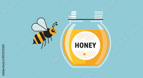 Bee flying near honey jar label.