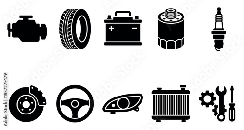 A collection of black vector icons representing various automotive parts and tools, ideal for illustrating car maintenance, repair, or automotive industry concepts.