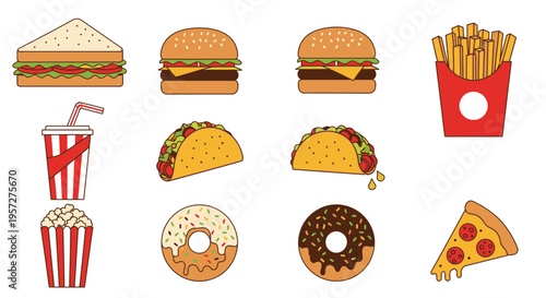 Fast food menu items on white.