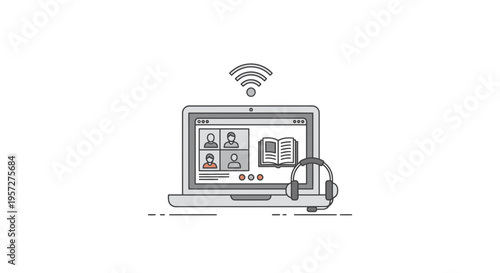 Laptop with headset and WiFi signal.