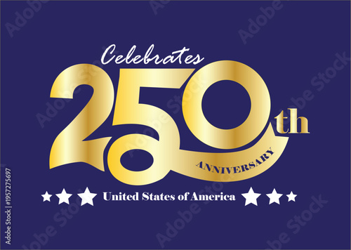 United States 250th anniversary celebration logo with gold typography and stars on blue background