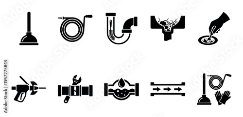 A collection of black and white vector icons representing plumbing tools, issues, and solutions, perfect for illustrating services and maintenance.
