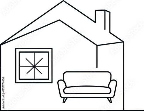 A simple line art illustration depicting the comfort and safety of staying home with a cozy sofa inside a house, perfect for domestic concepts.
