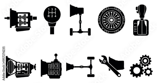 A collection of black silhouette icons representing various automotive transmission and drivetrain components, including gearboxes, shifters, and clutches, against a white background.