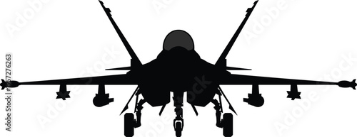 Front view silhouette of a military fighter jet with landing gear and missiles for air force aviation and defense concept