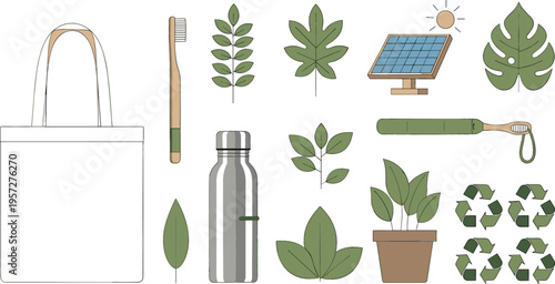 Eco friendly lifestyle set with reusable bag bottle toothbrush plants and recycling symbols, sustainable living collection vector illustration