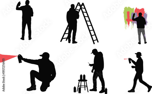 Graffiti artist silhouette set, street art painter with spray cans, urban creative people collection, man on ladder painting colorful wall.