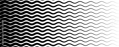 Monochrome halftone lattice background with horizontal wavy gradient. Smooth tonal transition with linear structure. Abstract geometric backdrop for design composition.
