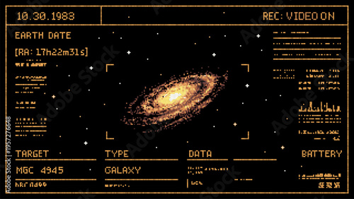 Pixel art galaxy view in futuristic head up display interface. Sci-fi space exploration monitor showing cosmic data and star coordinates. Retro style digital telescope viewfinder screen.