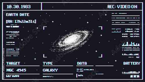 Pixel art galaxy view on digital camera screen display. Retro science fiction space interface with data telemetry and radar tracking. Vintage game UI cosmic exploration monitor layout.