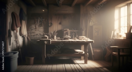 old workshop with wooden workbench inside.