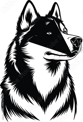 WebHusky dog head vector illustration, black and white siberian husky mascot logo, hand drawn pet portrait isolated on white background