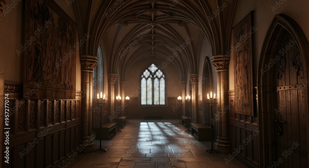 Obraz premium Dark cathedral hallway with arched windows.