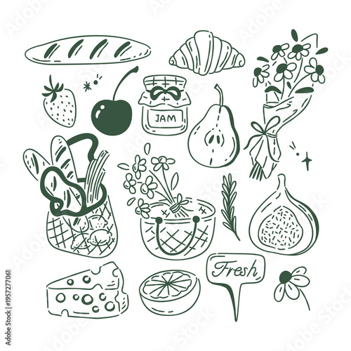 Hand drawn doodle set of market food, bakery, cheese, fruits and flowers isolated on white background.