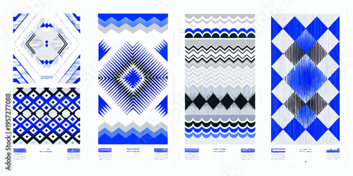 Five geometric patterns in shades of blue gray and white