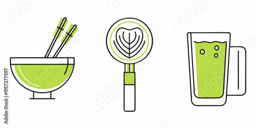 Minimalist illustration of matcha tea ceremony tools and a refreshing drink